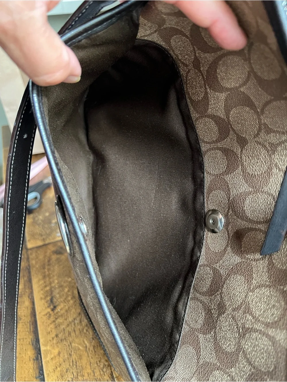 Coach Brown Monogram Crossbody Bag with Black Trim